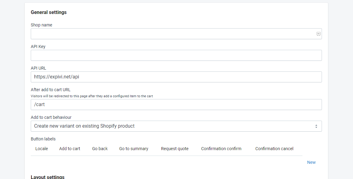 Expivi Shopify app settings