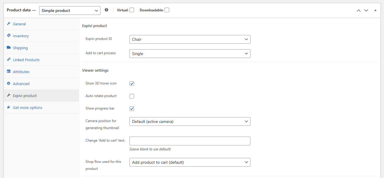 Expivi Product Settings in Product Page